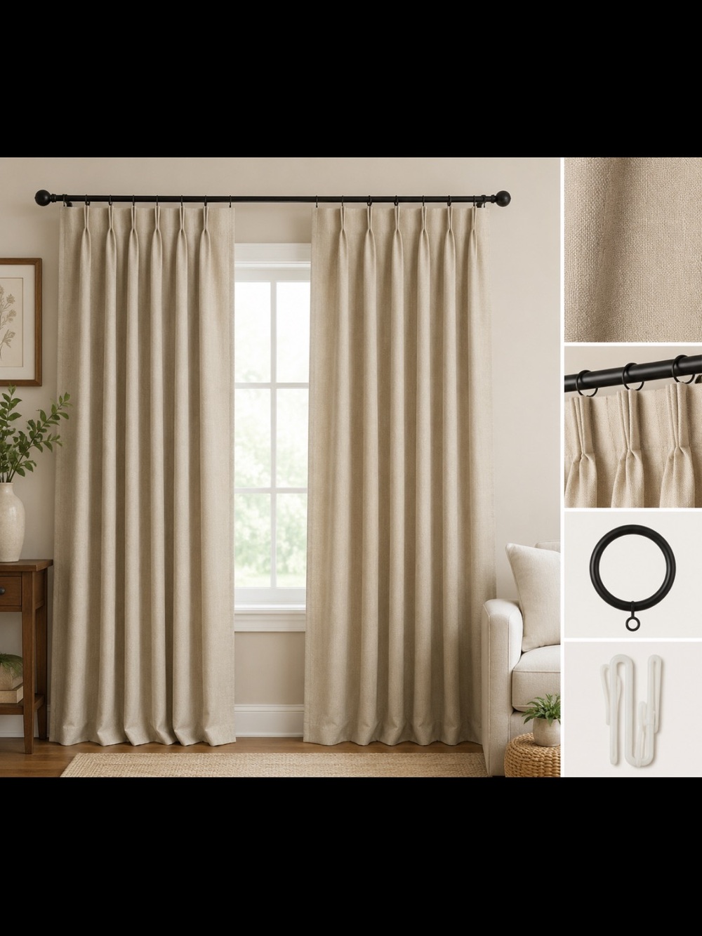 Pleated Linen Look Blackout Curtain Drapes Neutral Beige Built-In Rings Hooks